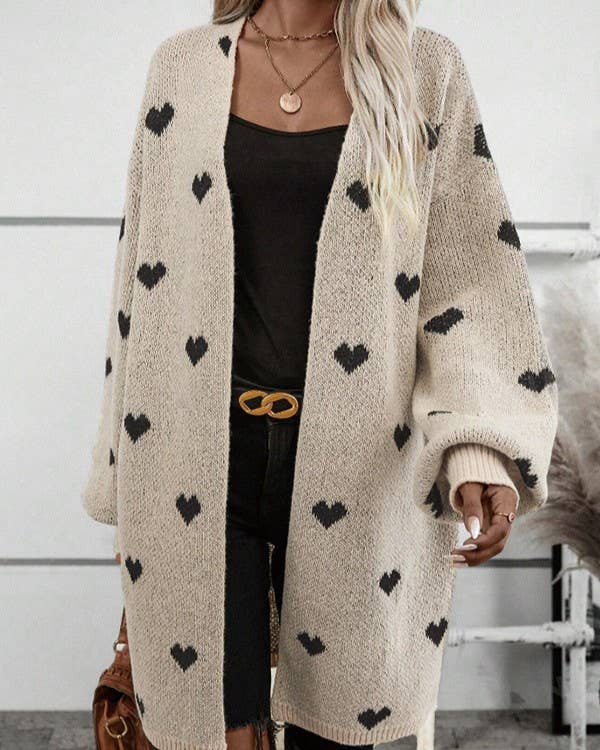Heart Print Longline Open Front Cardigan