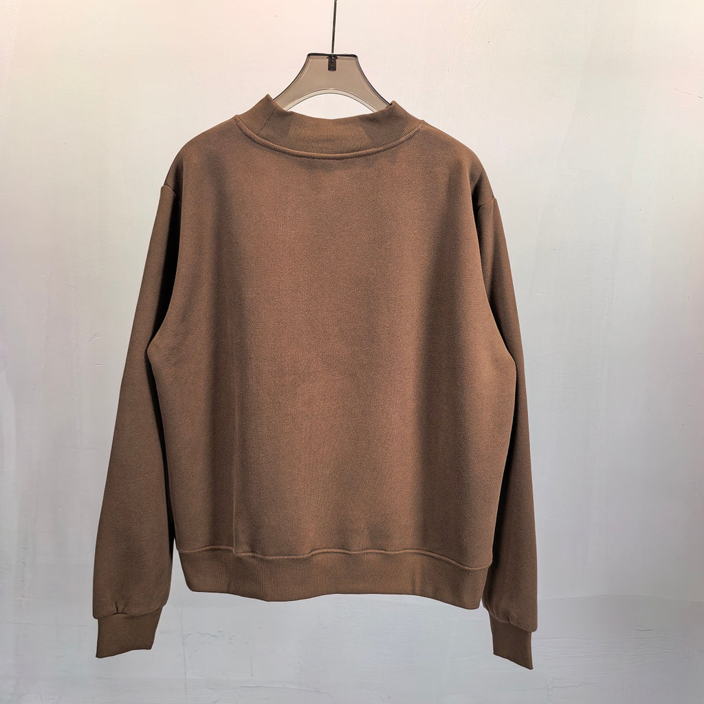 Oversized Mock Neck Fleece Sweatshirt - Brown - 1