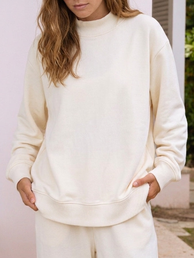 Oversized Mock Neck Fleece Sweatshirt - Cream - 7