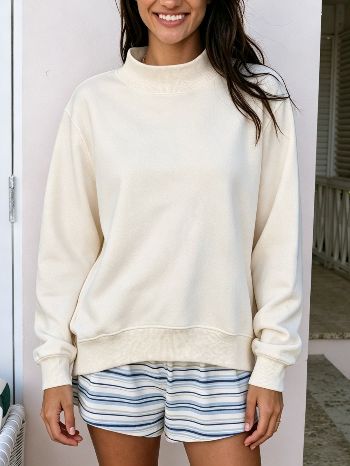Oversized Mock Neck Fleece Sweatshirt - Cream - 8