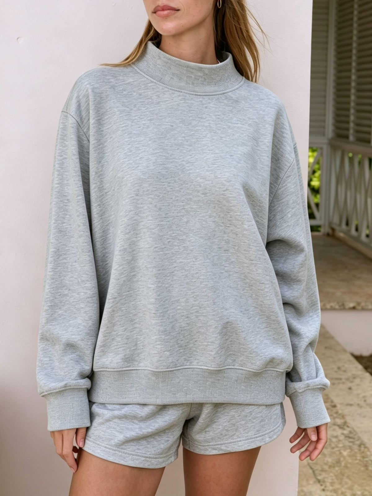 Oversized Mock Neck Fleece Sweatshirt - Grey - 9