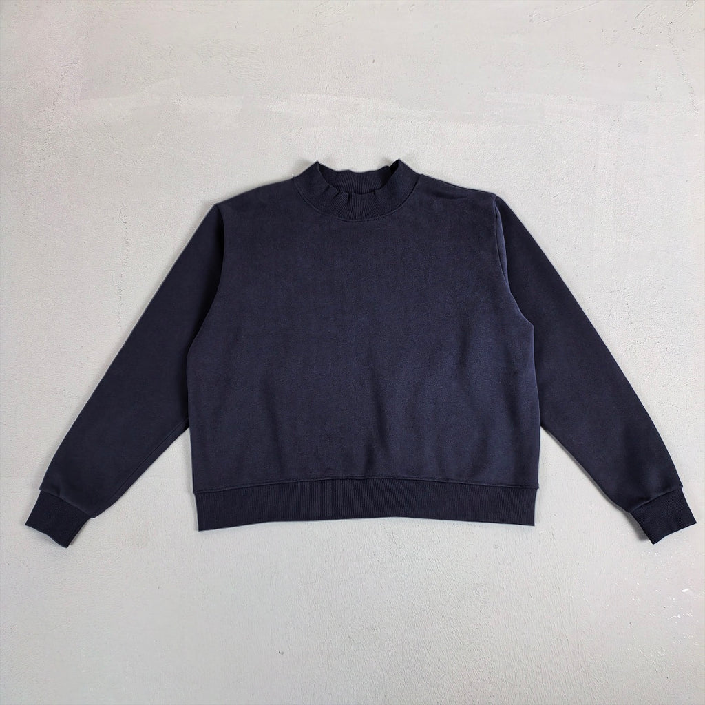 Oversized Mock Neck Fleece Sweatshirt - Navy - 3