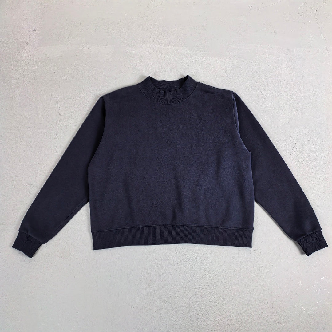 Oversized Mock Neck Fleece Sweatshirt - Navy - 3