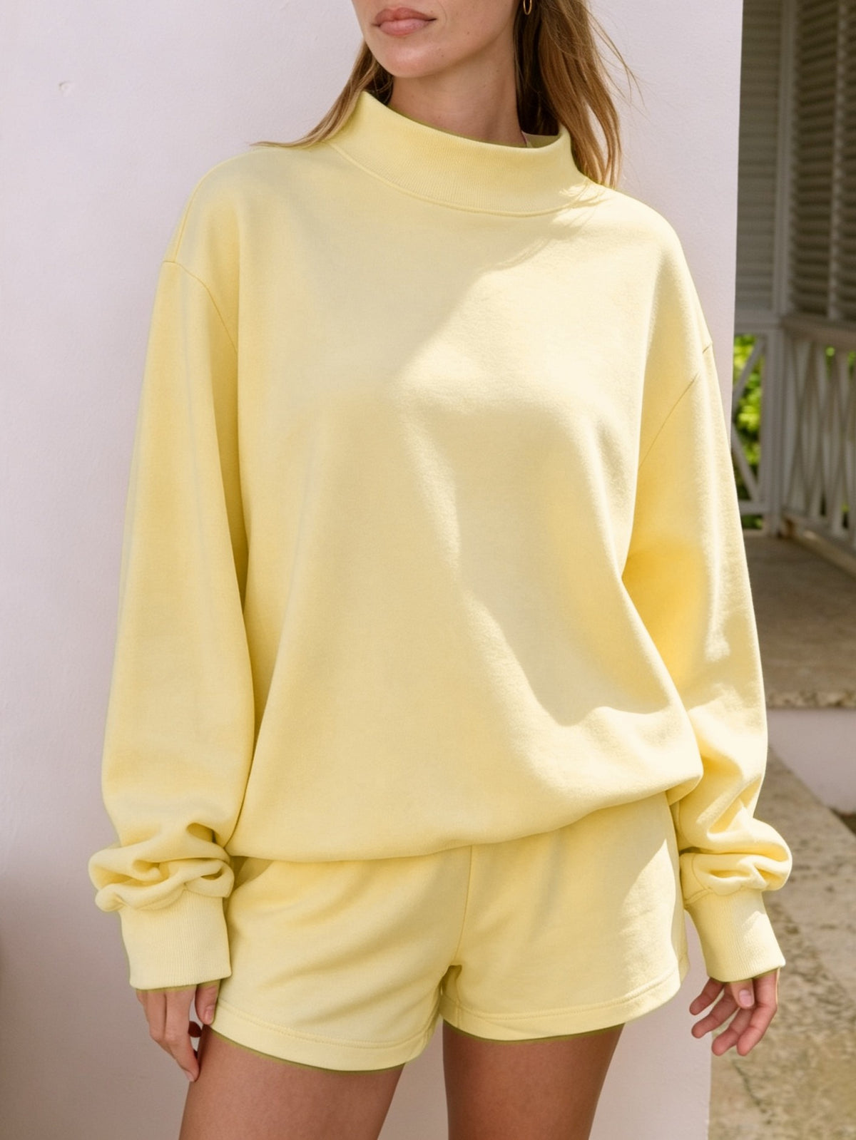 Oversized Mock Neck Fleece Sweatshirt - Yellow