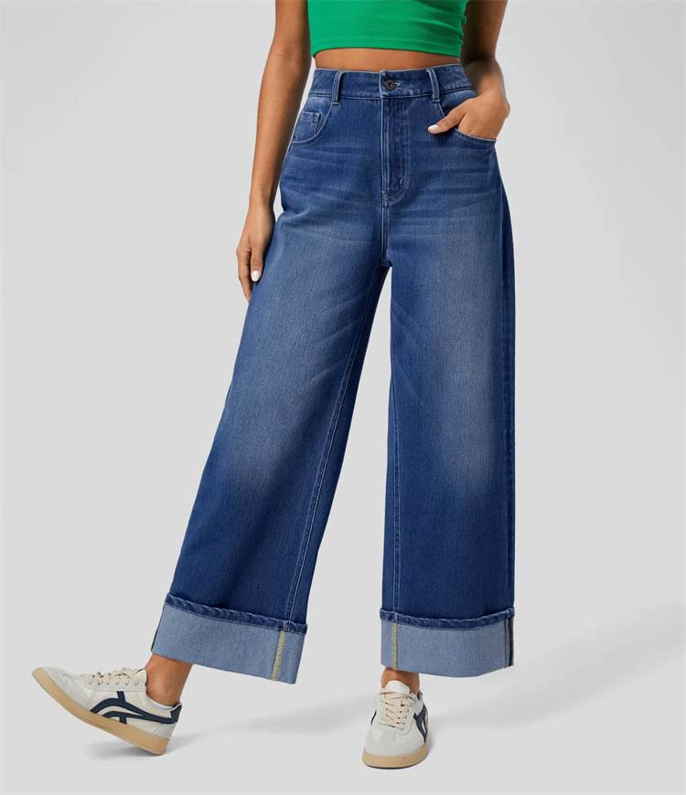 High Rise Cuffed Wide Leg Jeans - DarkBlue
