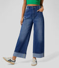 High Rise Cuffed Wide Leg Jeans - DarkBlue