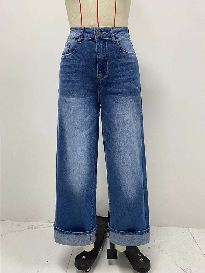 High Rise Cuffed Wide Leg Jeans - DarkBlue - 1