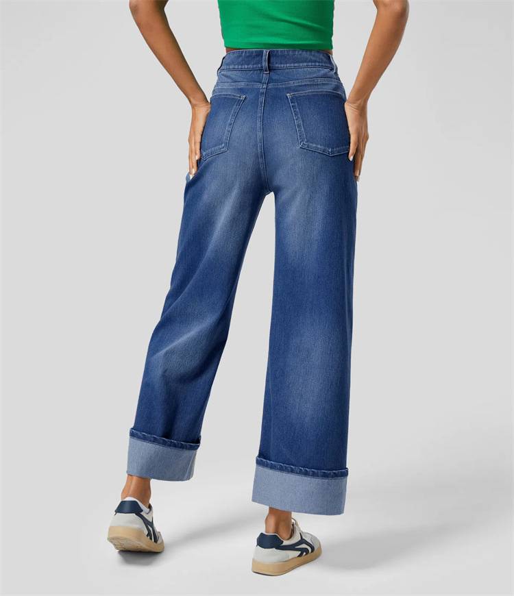 High Rise Cuffed Wide Leg Jeans - DarkBlue - 3