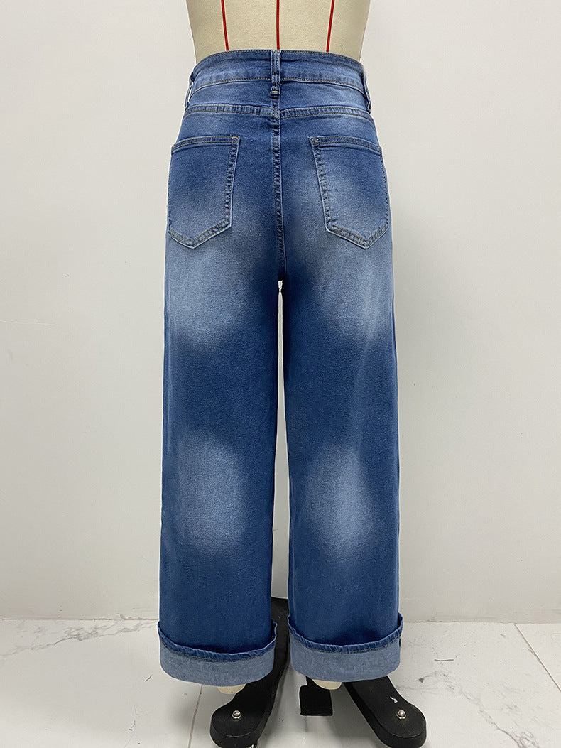 High Rise Cuffed Wide Leg Jeans - DarkBlue - 4