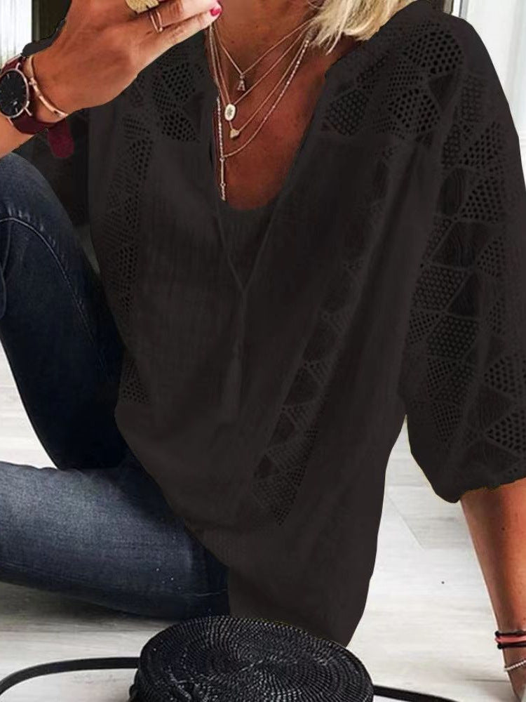 Boho Eyelet Blouse With Split V Neck - Black