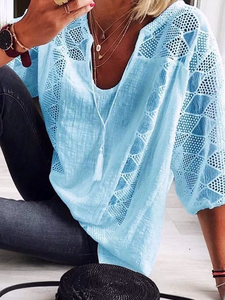 Boho Eyelet Blouse With Split V Neck - Blue