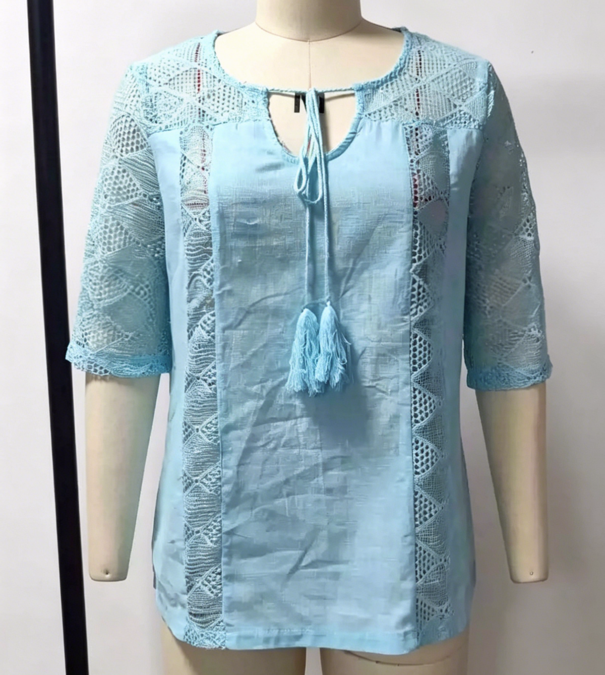Boho Eyelet Blouse With Split V Neck - Blue - 1