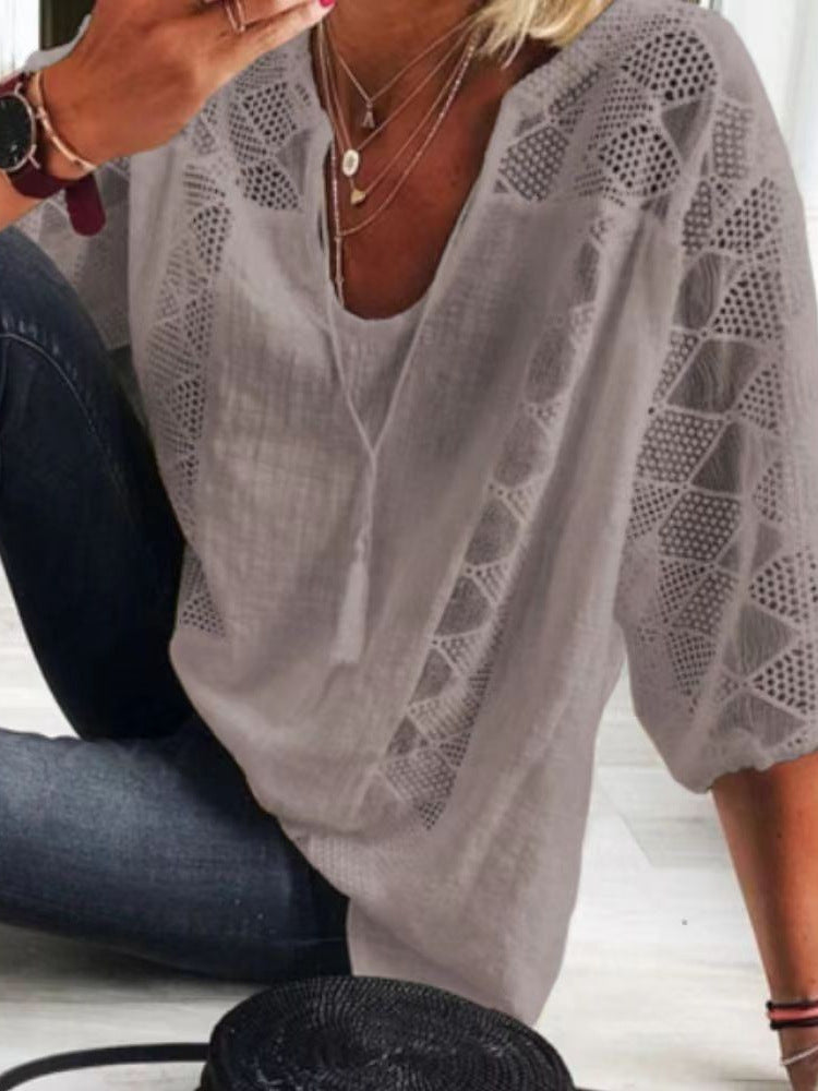 Boho Eyelet Blouse With Split V Neck - Grey