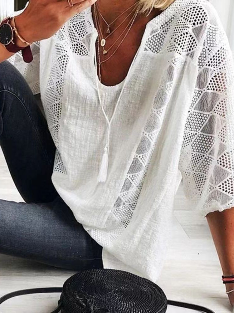 Boho Eyelet Blouse With Split V Neck - White