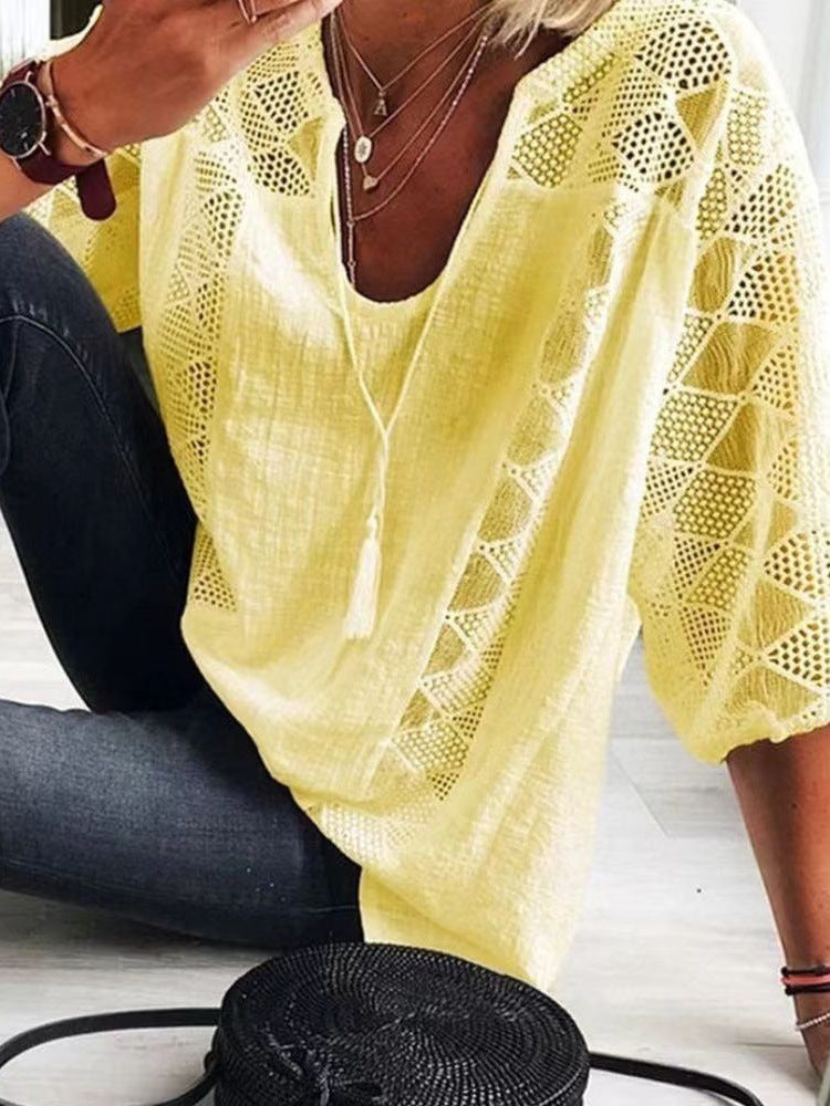 Boho Eyelet Blouse With Split V Neck - Yellow