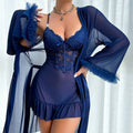 Lace Bustier Ruffle Hem Chemise And Mesh Robe Set