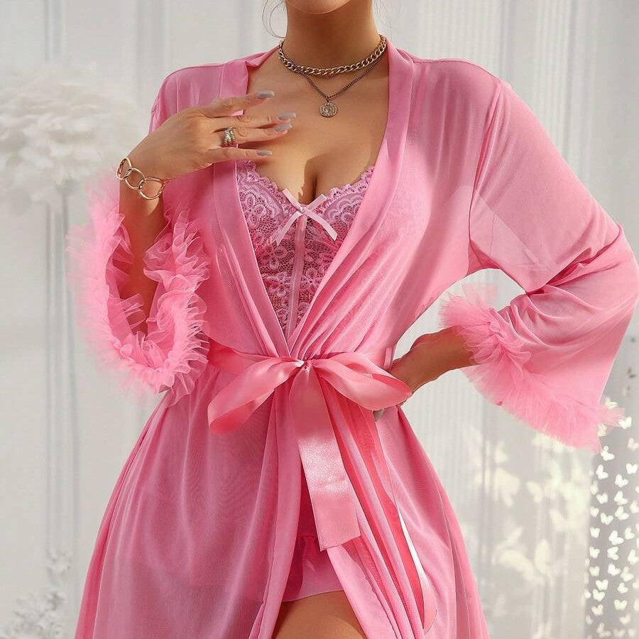 Lace Bustier Ruffle Hem Chemise And Mesh Robe Set