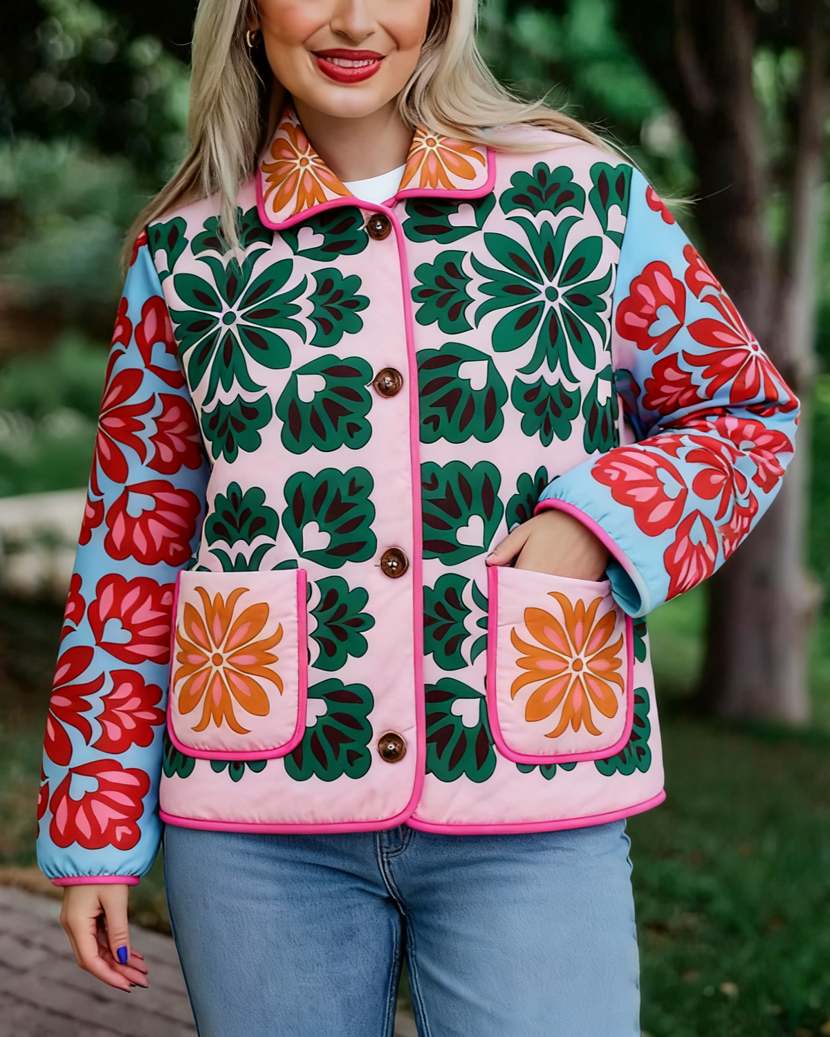 Retro Floral Print Quilted Jacket - Floral