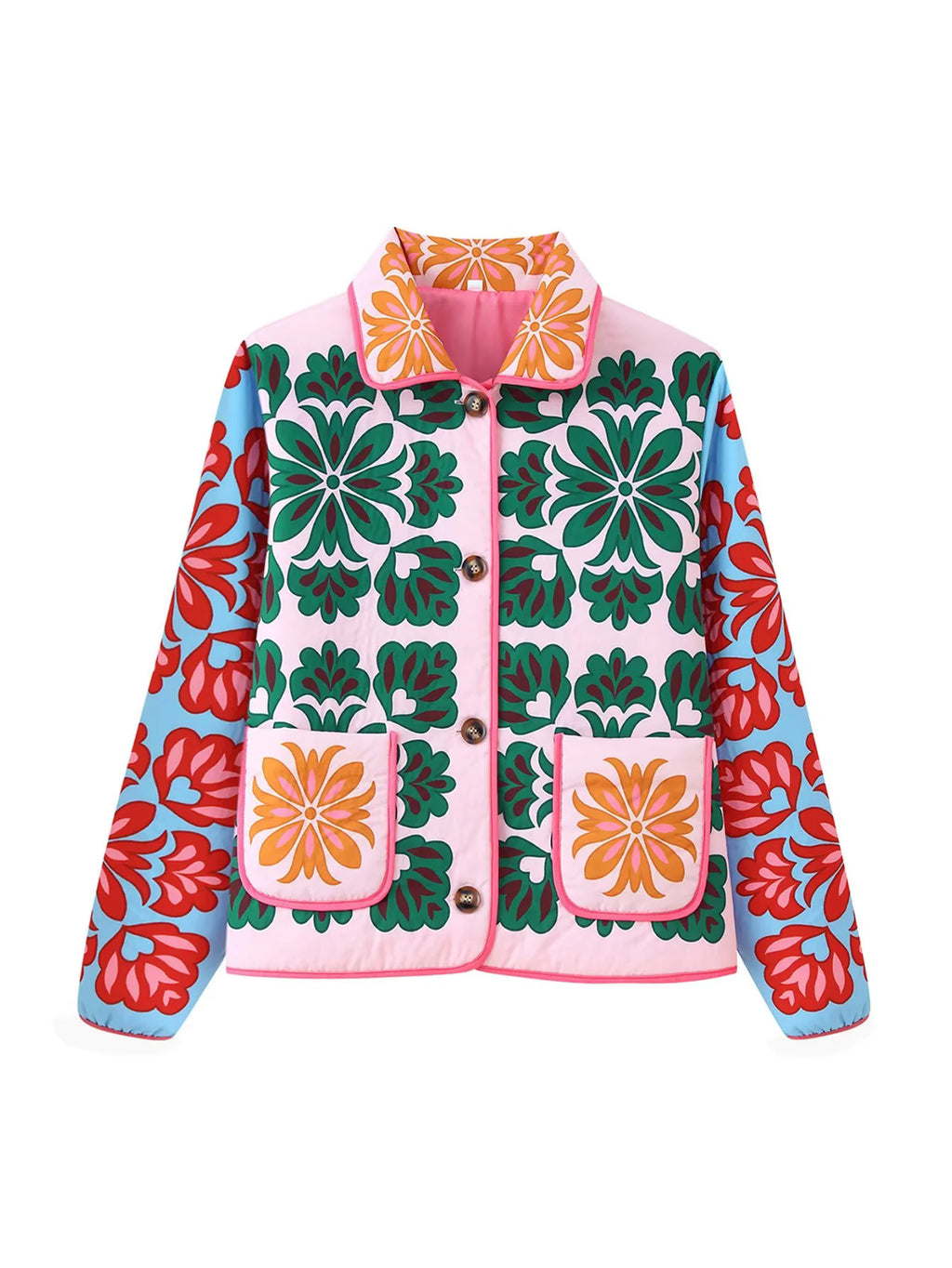Retro Floral Print Quilted Jacket - Floral - 1