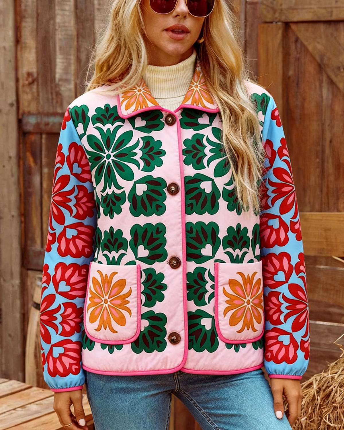 Retro Floral Print Quilted Jacket - Floral - 6
