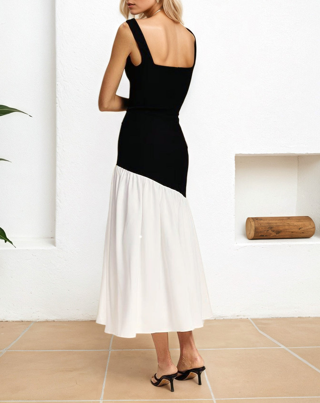 Color Block Drop Waist Midi Dress - White