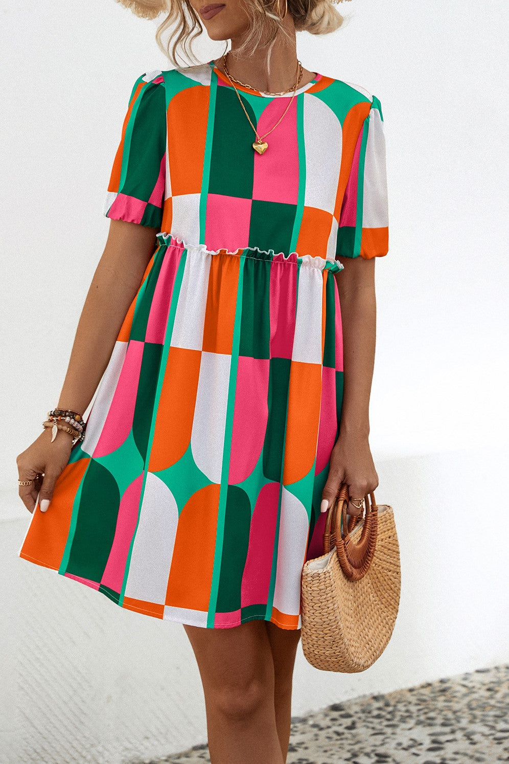 Mod Geometric Tiered Puff Sleeve Mini Dress - Green