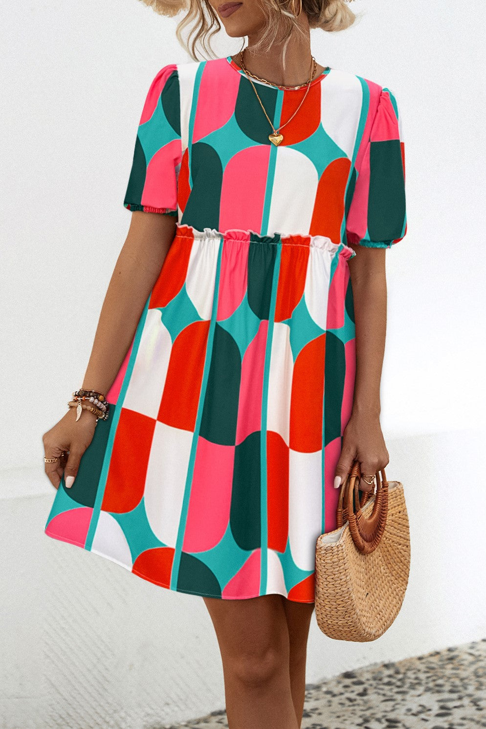 Mod Geometric Tiered Puff Sleeve Mini Dress - Pink