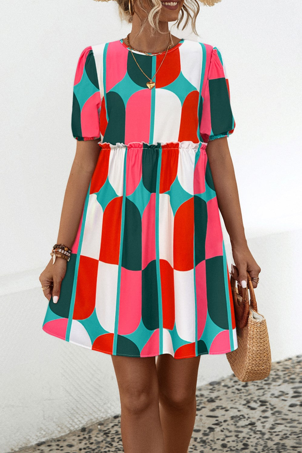 Mod Geometric Tiered Puff Sleeve Mini Dress