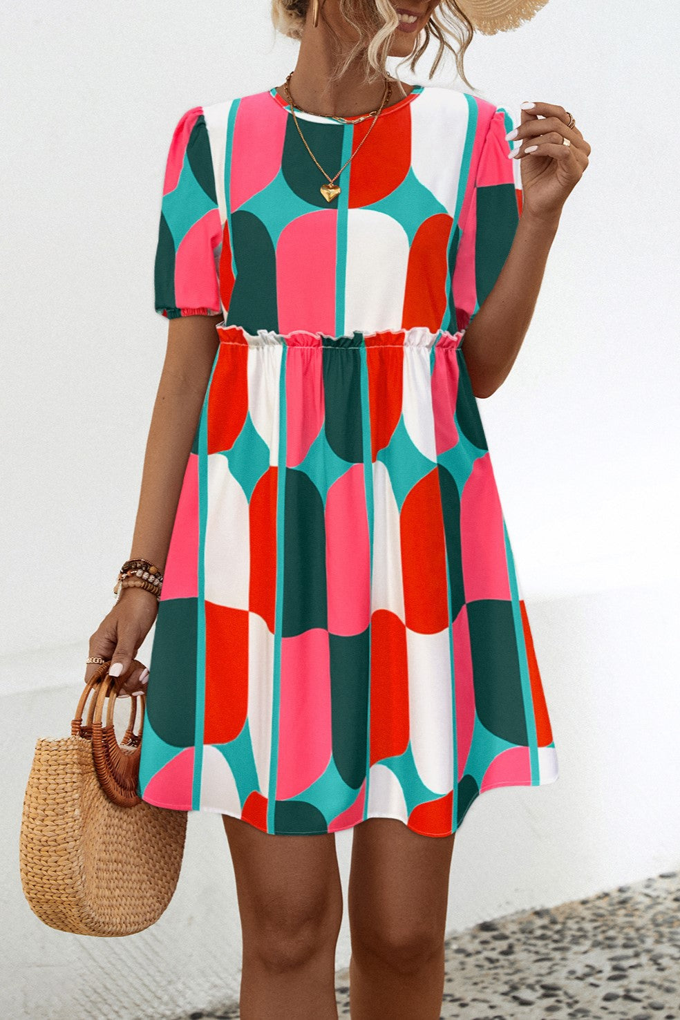 Mod Geometric Tiered Puff Sleeve Mini Dress - view 1