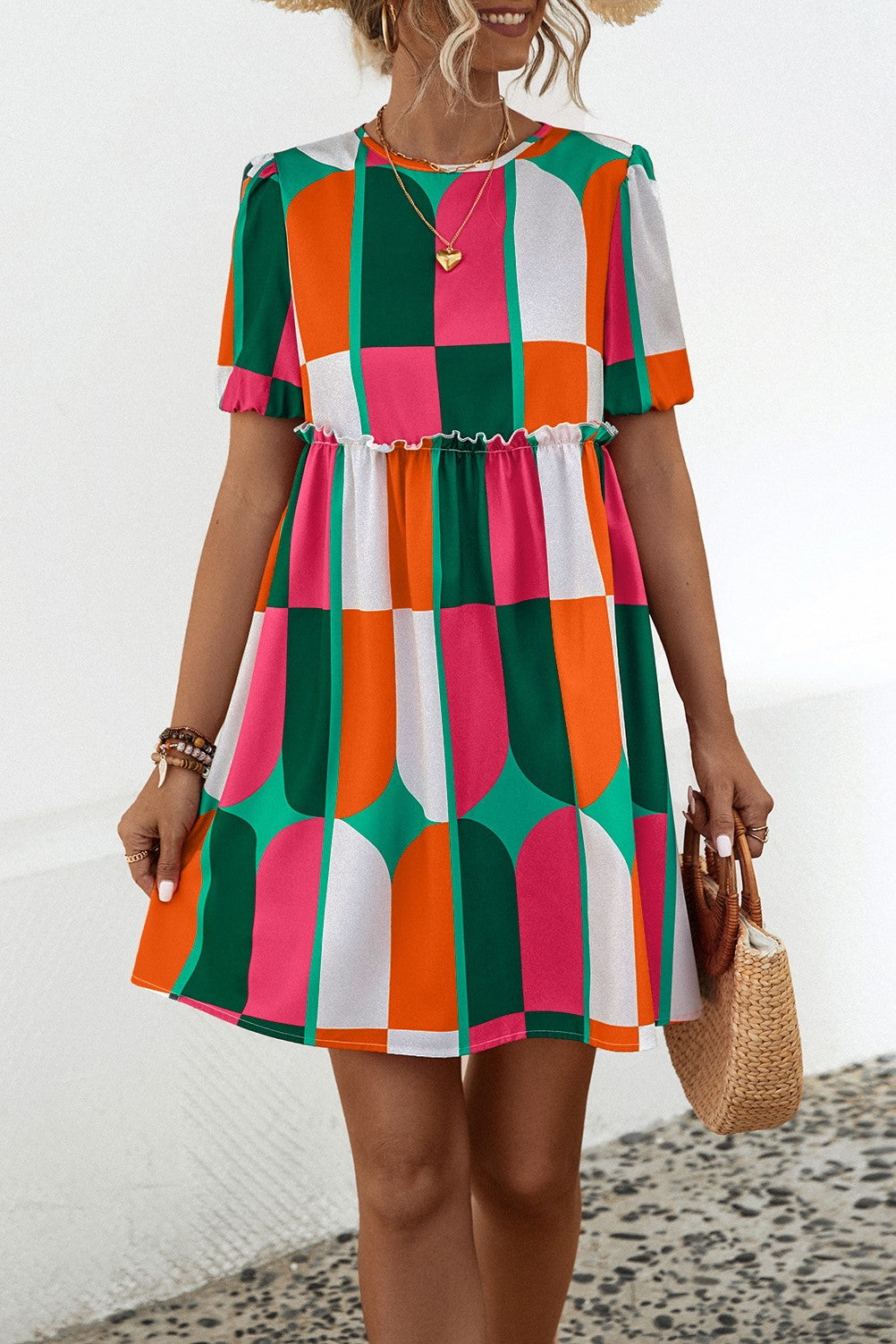 Mod Geometric Tiered Puff Sleeve Mini Dress - view 5