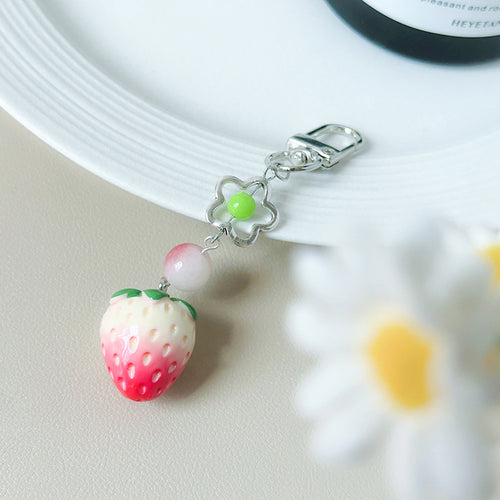 3D Strawberry Beaded Keychain Charm - Red-2