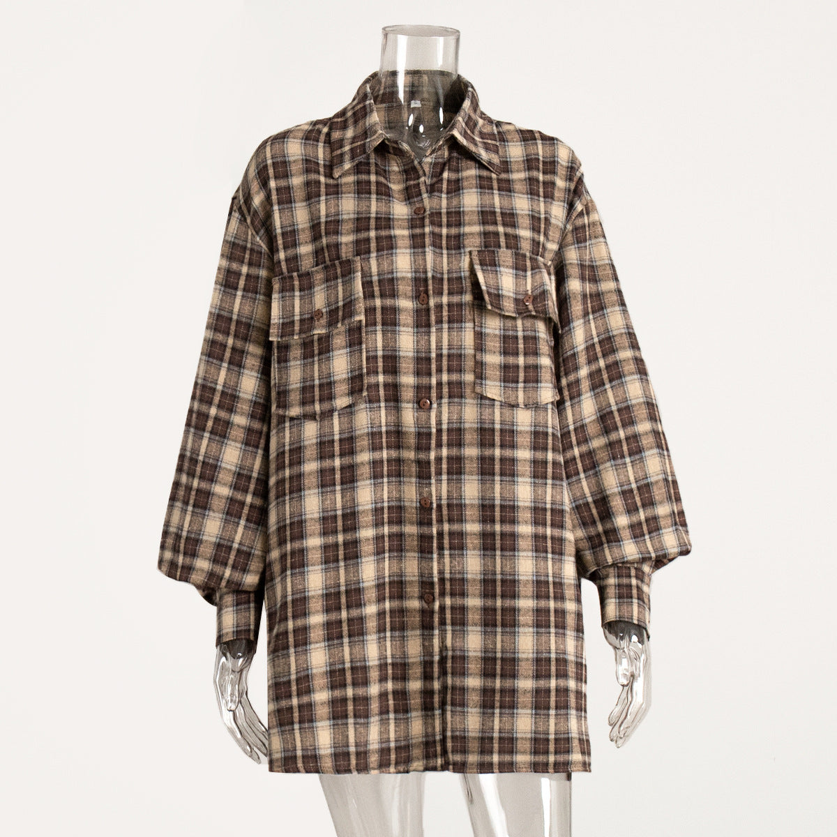 Drop Shoulder Plaid Flannel Overshirt - Coffee