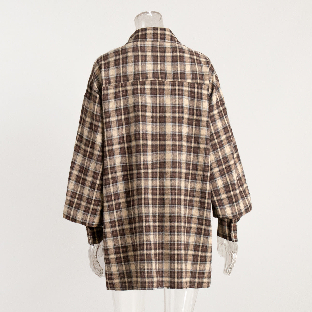 Drop Shoulder Plaid Flannel Overshirt - Coffee - 1