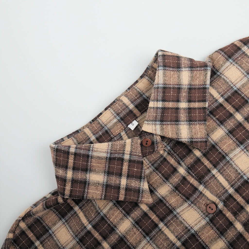 Drop Shoulder Plaid Flannel Overshirt - Coffee - 2