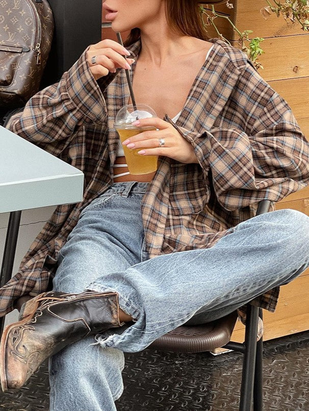 Drop Shoulder Plaid Flannel Overshirt - Coffee - 6