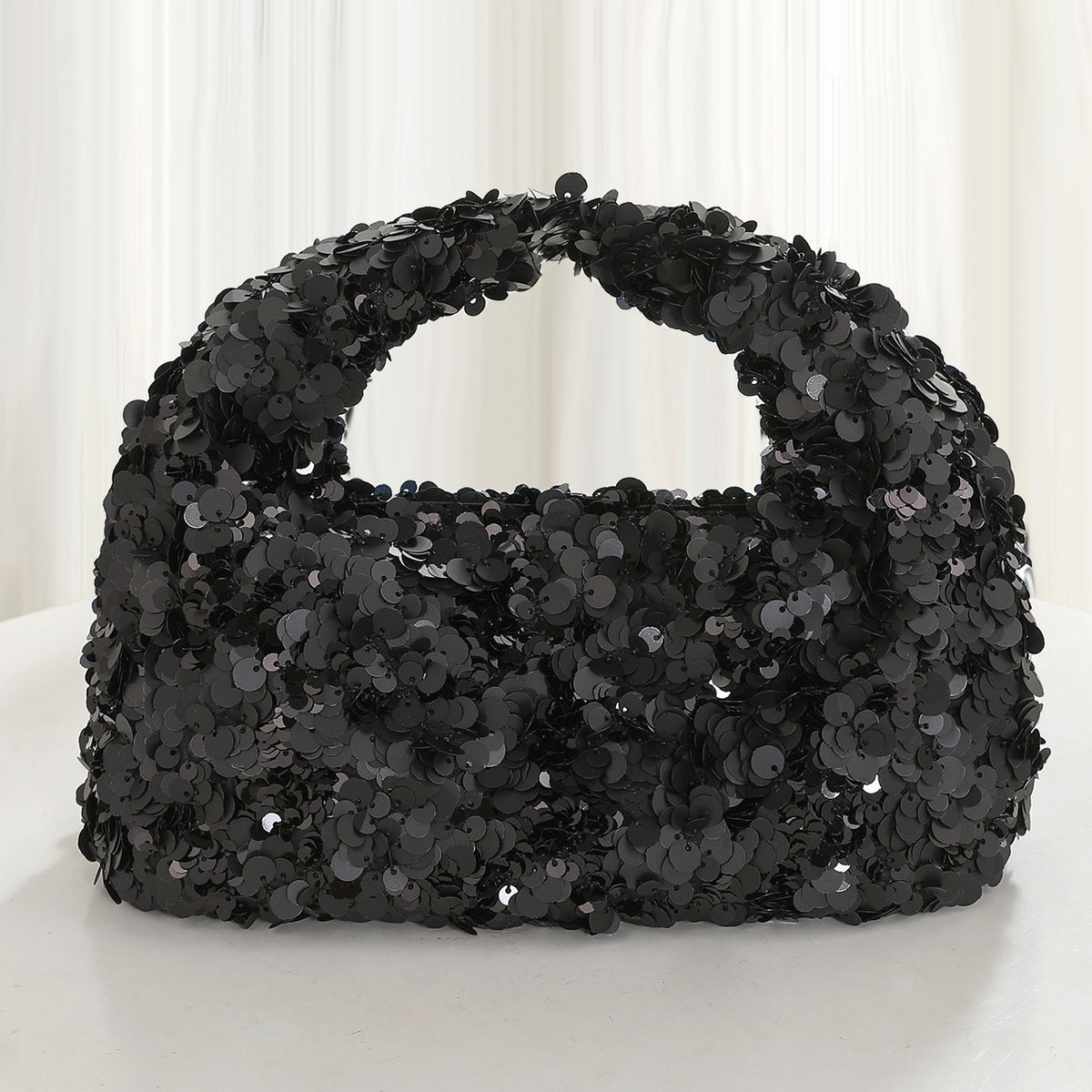Slouchy Sequin and Metallic Top Handle Bag - Black Sequin