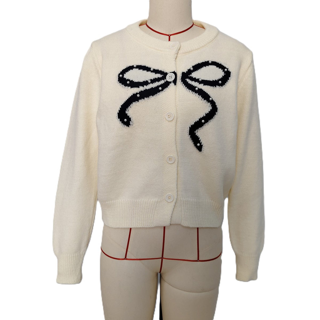Sequin Bow Crew Neck Knit Cardigan - Beige