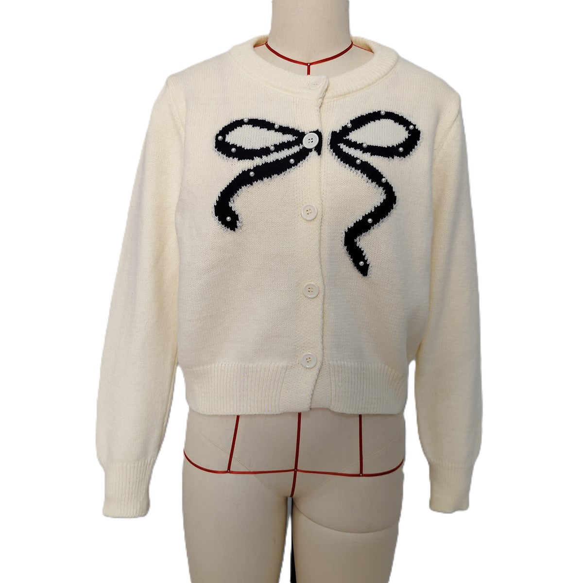 Sequin Bow Crew Neck Knit Cardigan - Beige