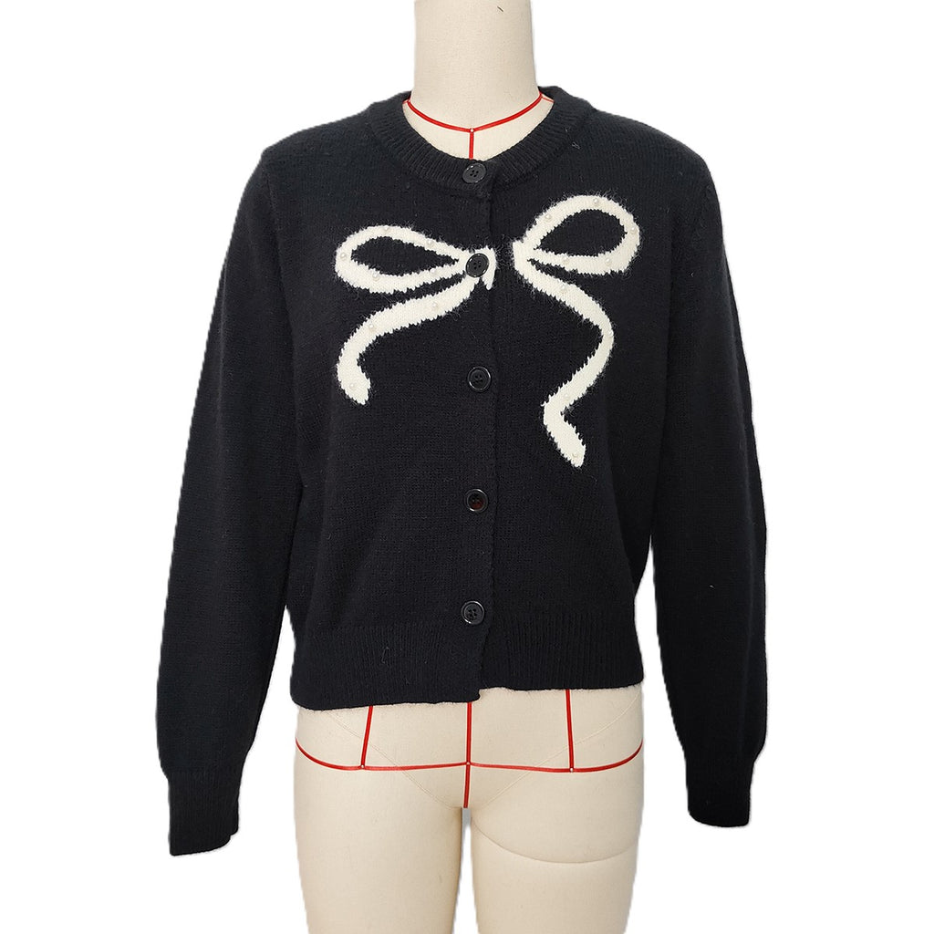 Sequin Bow Crew Neck Knit Cardigan - Black