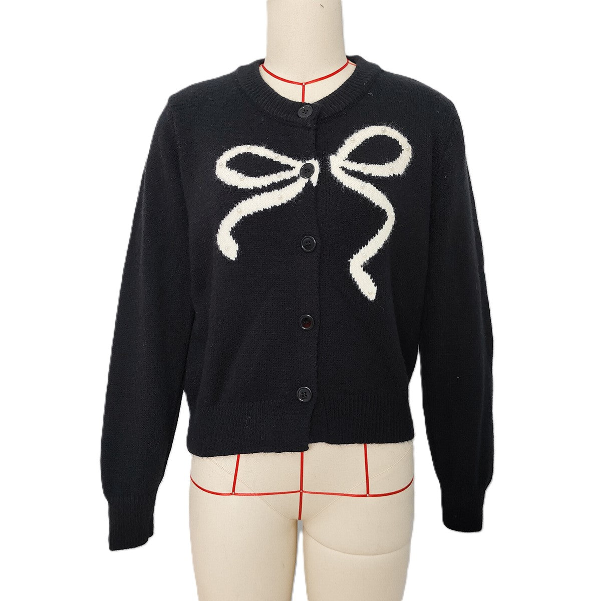 Sequin Bow Crew Neck Knit Cardigan - Black