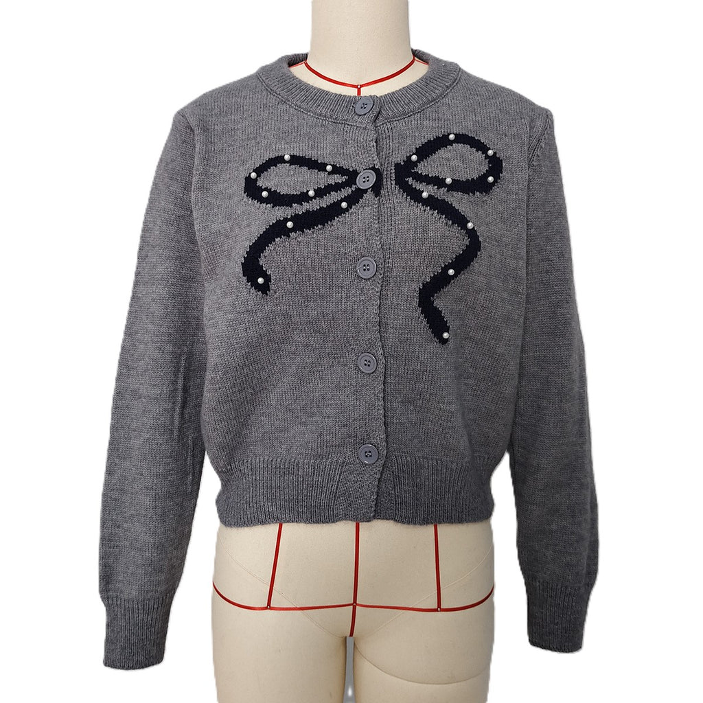 Sequin Bow Crew Neck Knit Cardigan - Grey