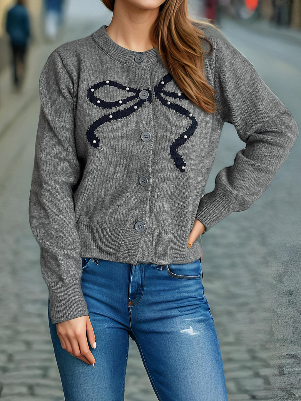 Sequin Bow Crew Neck Knit Cardigan - Grey - 1