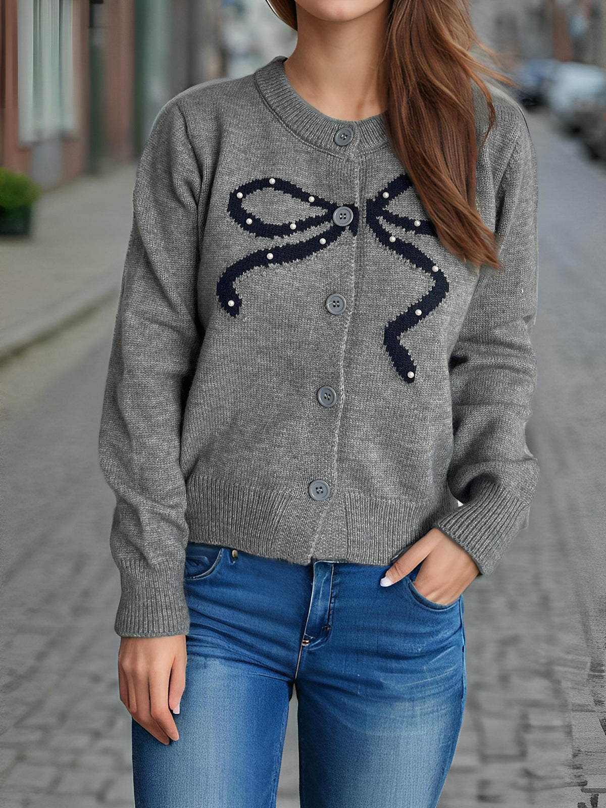 Sequin Bow Crew Neck Knit Cardigan - Grey - 2