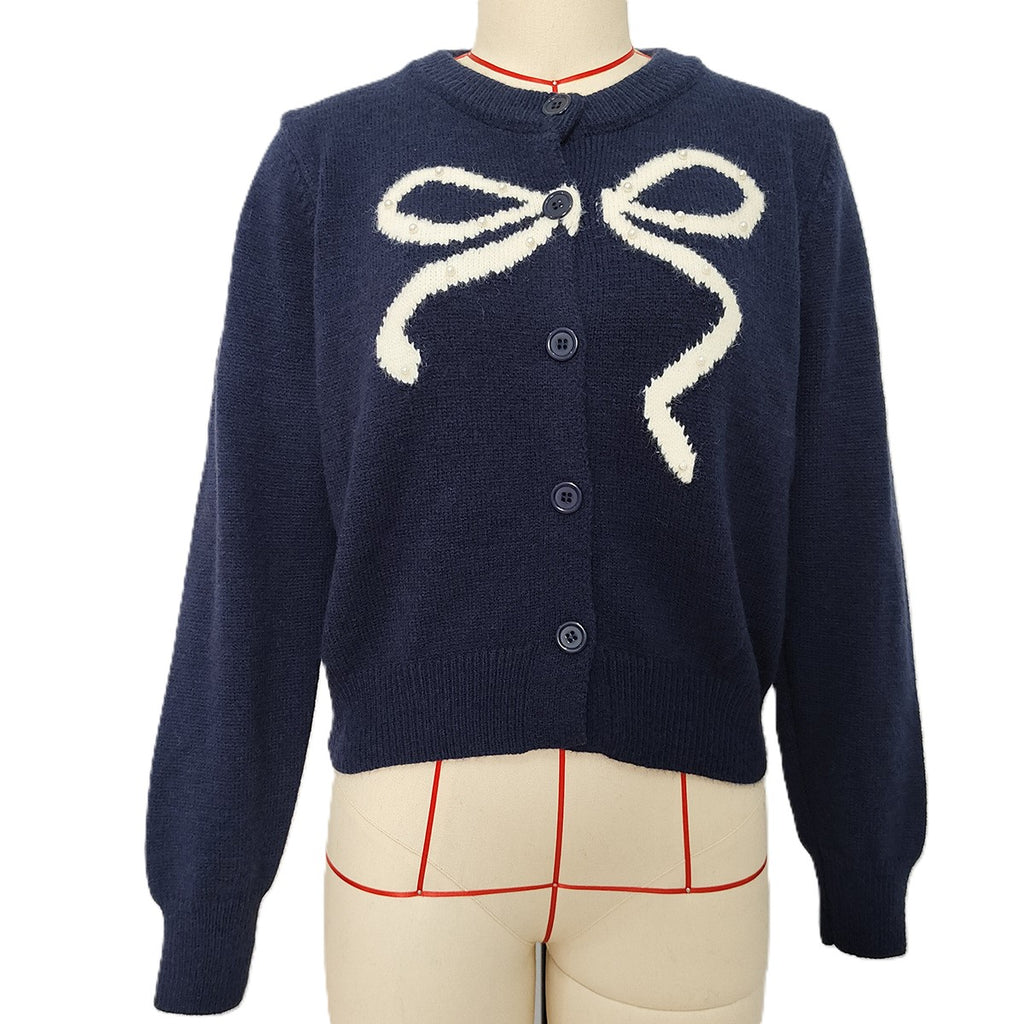 Sequin Bow Crew Neck Knit Cardigan - Navyblue