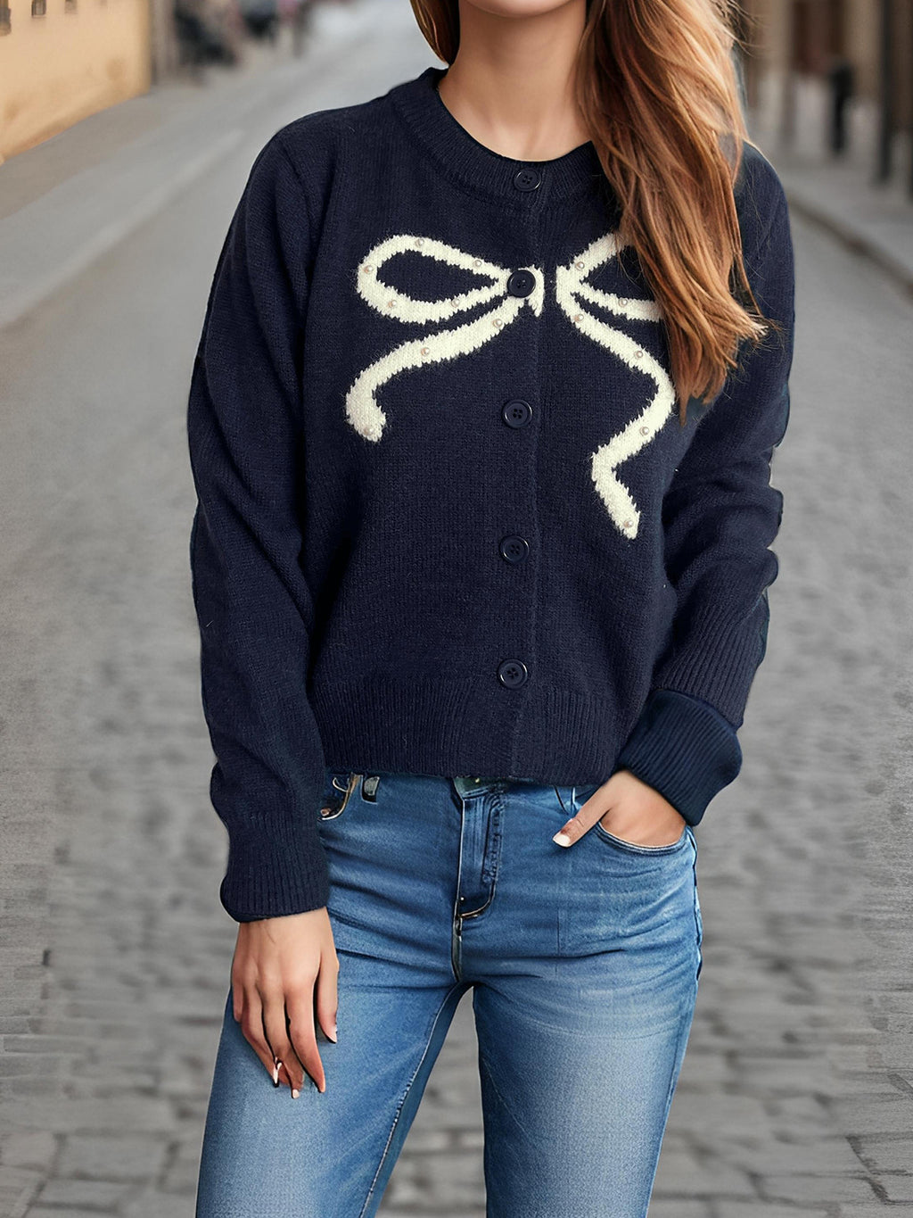 Sequin Bow Crew Neck Knit Cardigan - Navyblue - 2