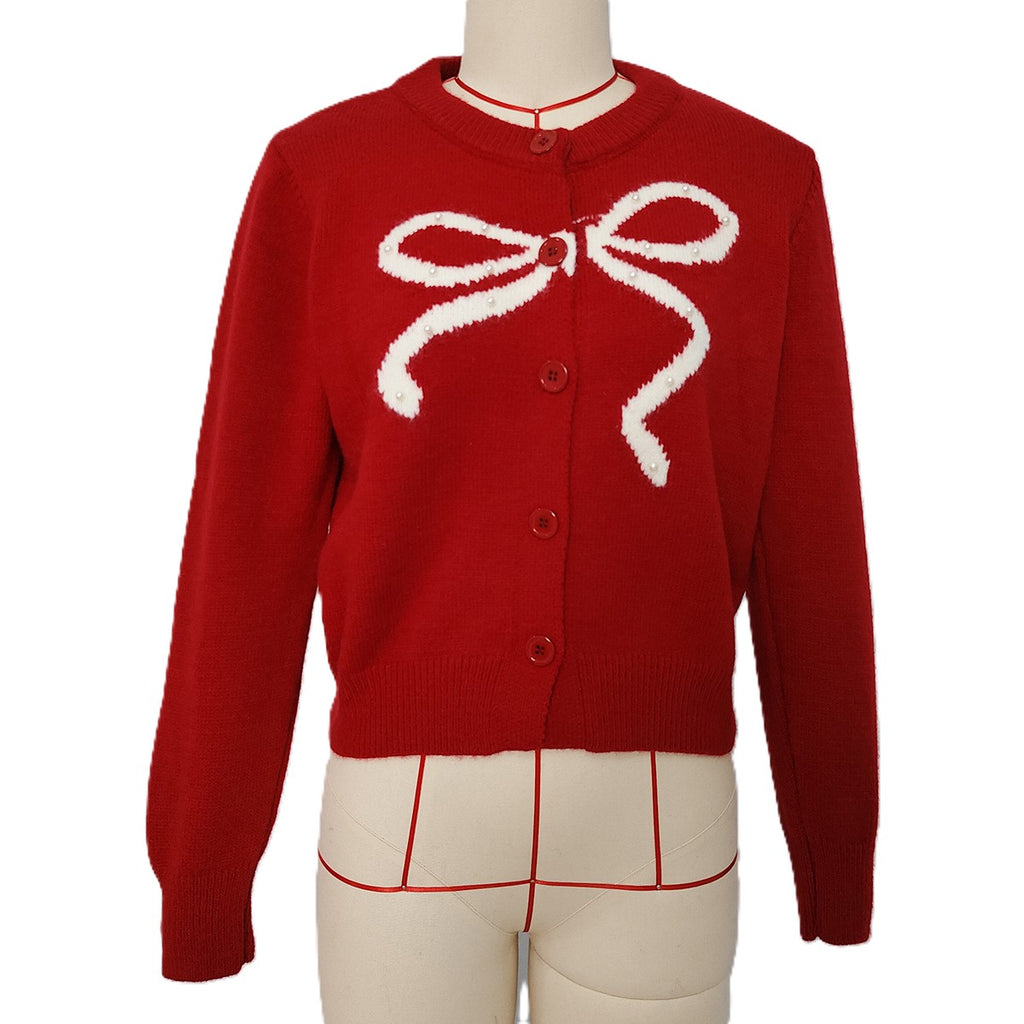 Sequin Bow Crew Neck Knit Cardigan - Red