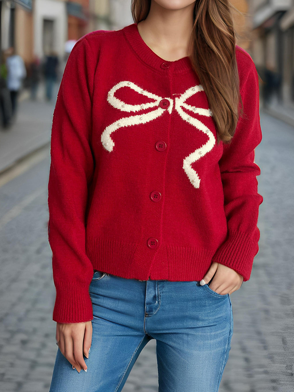 Sequin Bow Crew Neck Knit Cardigan - Red - 1