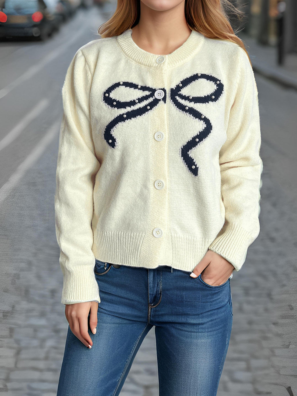 Sequin Bow Crew Neck Knit Cardigan - view 1