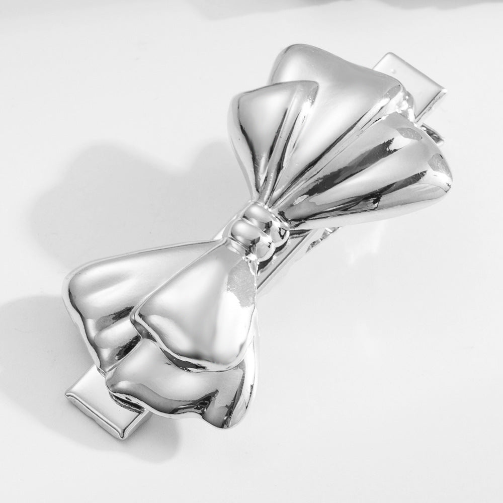 Puffed Metal Bow Hair Clip - Silver