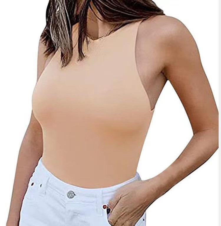 High Leg Cut Sleeveless Crew Neck Bodysuit - Apricot - 2